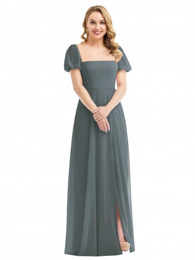 Puff Sleeves Slate Grey A-Line Square Neck Semi Formal Evening Dress UK Factory