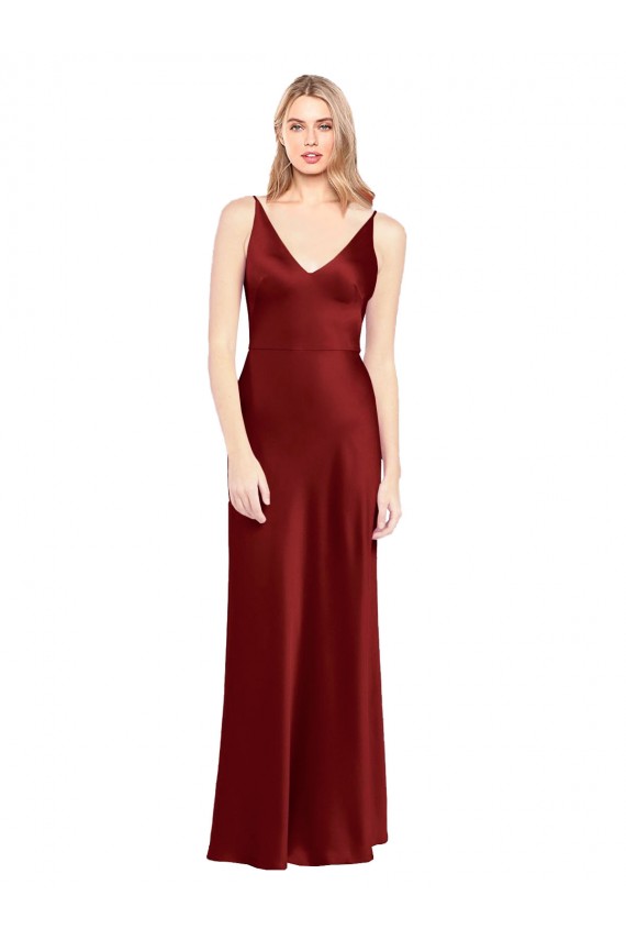 Sleeveless Burgundy V-Back A-Line Spaghetti Straps Formal Evening Dress