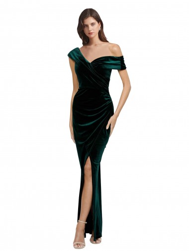 Sleeveless Dark Green Sheath Off the Shoulder High Low Evening Dress UK Factory